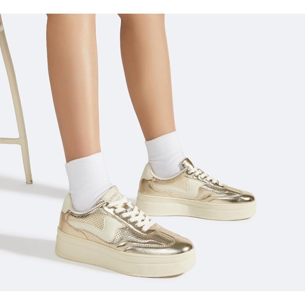 Women Platform Gold White Sneaker Thick Sole Suede Leather Low Top Walking Shoes - Picture 8 of 9